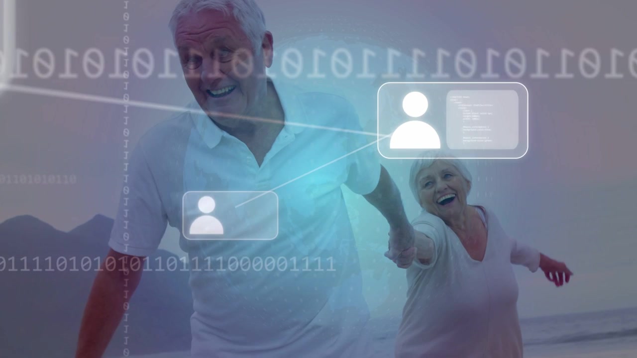 Coppia anziana che si avvicina, appare un bagliore, icone utente che si moltiplicano e si collegano, visualizzando una rete.