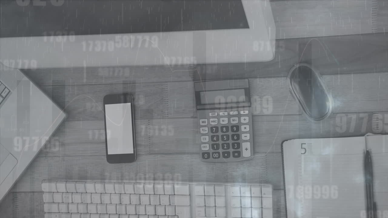 Animation of data processing and changing numbers over office equipment on wooden surface