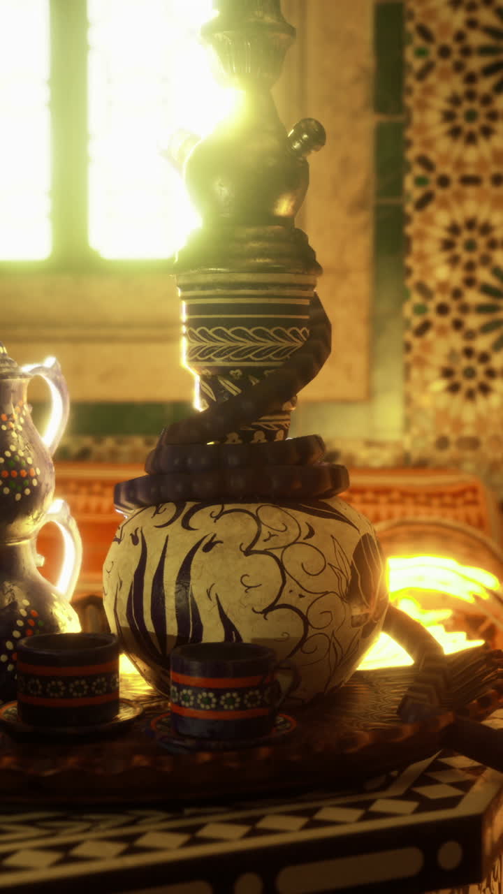 Moroccan tea set and traditional decor in warm sunlight within a cozy room