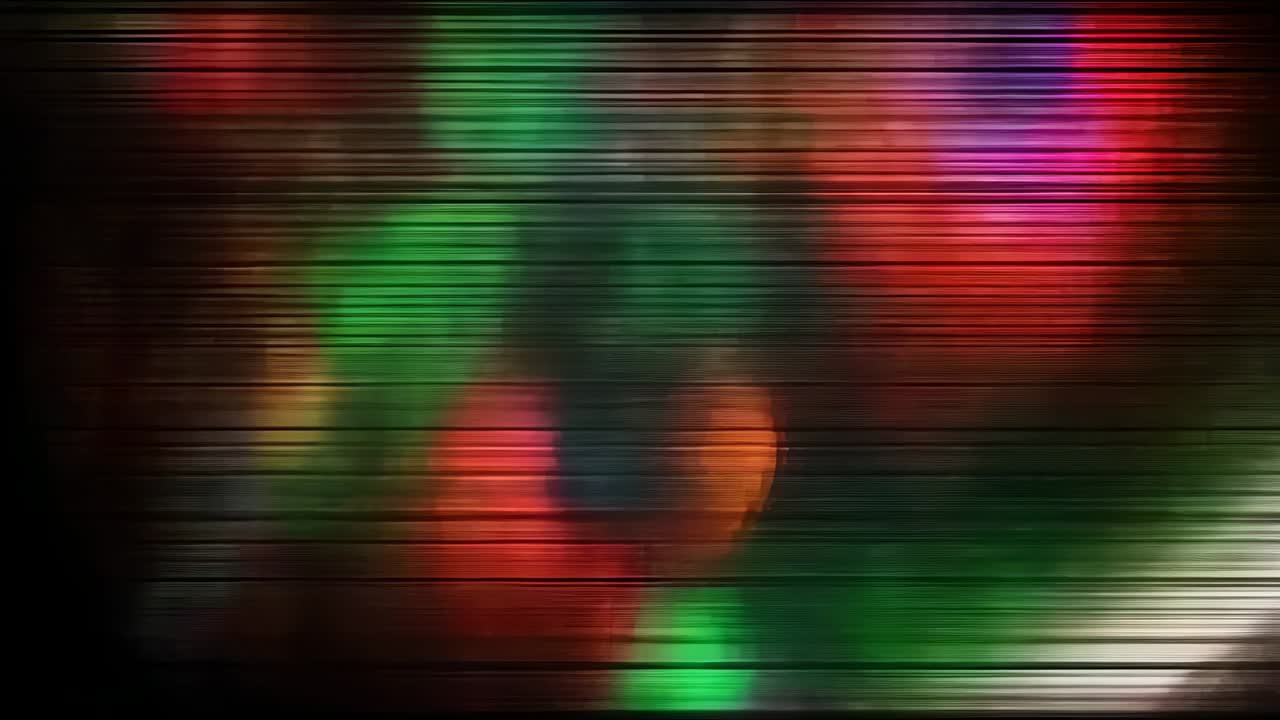 Opening frame presenting shifting glitch band in black void, expanding colorful circles and stripes