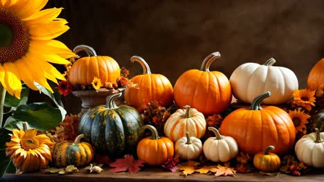 a bunch of pumpkins sitting on top of a wooden table