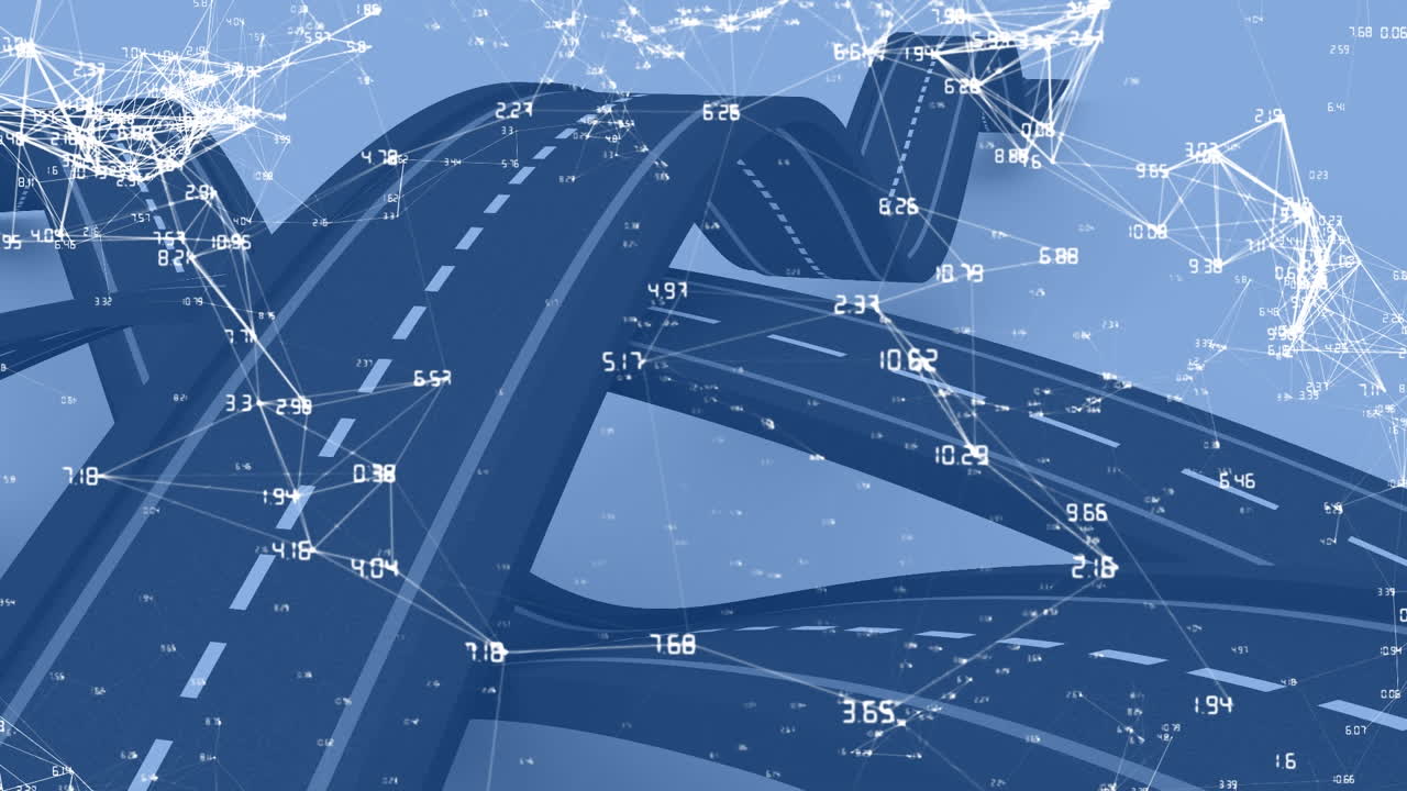 파란색 바탕에 도로에 대한 연결 및 좌표의 애니메이션