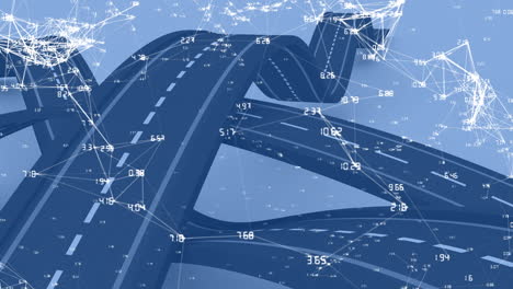 animation of connections and coordinates over roads on blue background