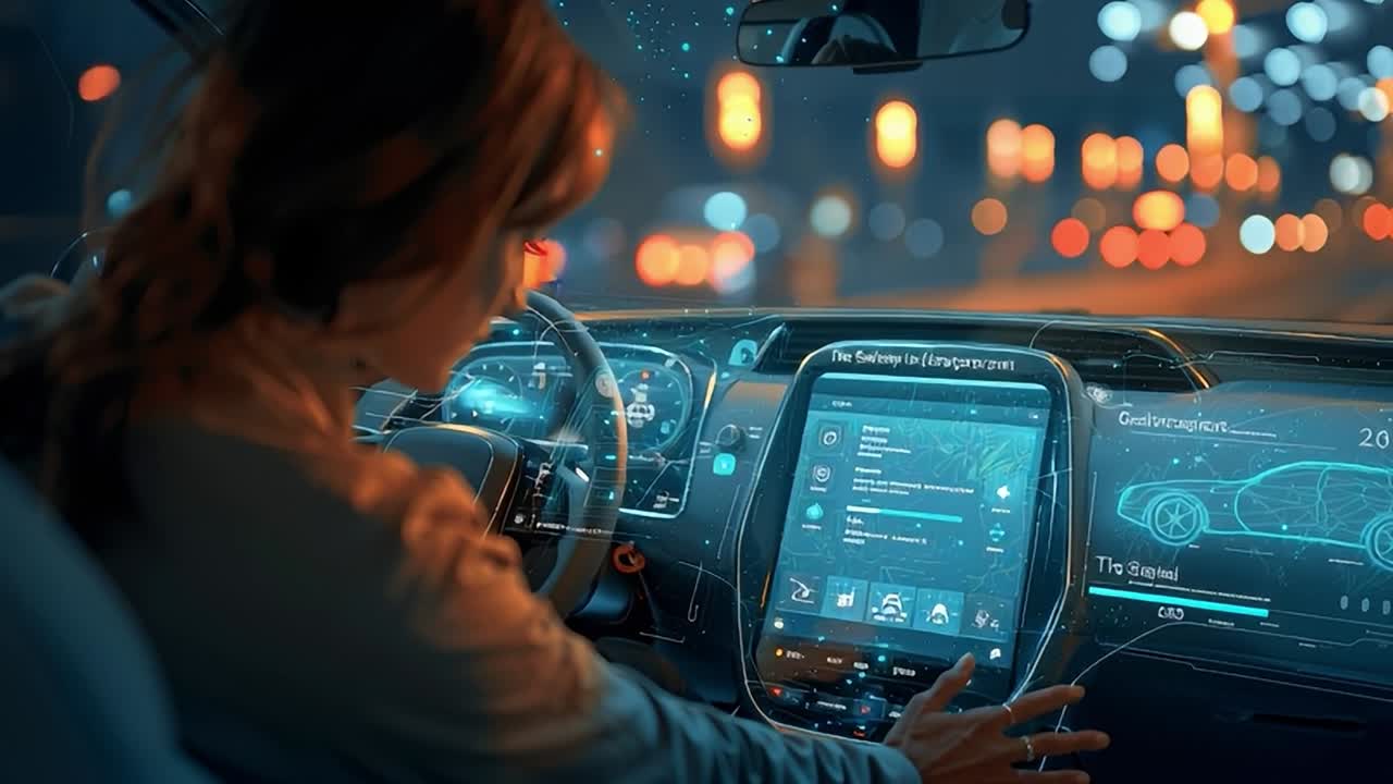 Conducente moderno sperimenta la tecnologia avanzata del cruscotto di notte.