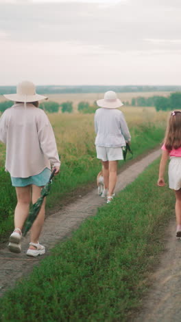 vista trasera de la familia caminando a casa a lo largo de un camino de tierra a través de un campo exuberante, dos mujeres con sombreros caminan con un perro en una correa, mientras una niña lleva una canasta y un niño juega con un palo