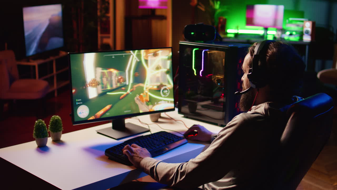 Gamer communicating with teammates, shooting enemies in online multiplayer first person shooter