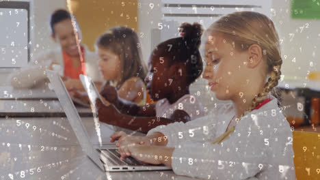 Animation-of-data-processing-over-diverse-schoolchildren-using-laptops