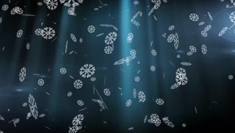 digital animation of snowflakes falling against light trails on blue background
