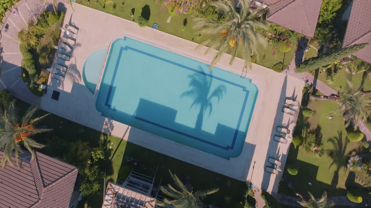 Aerial View of a Resort Swimming Pool with Palm Trees and Gardens