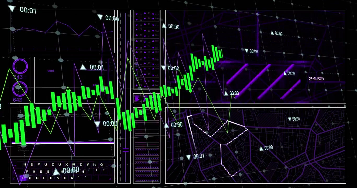 Animation of interface with data processing over grid network against black background