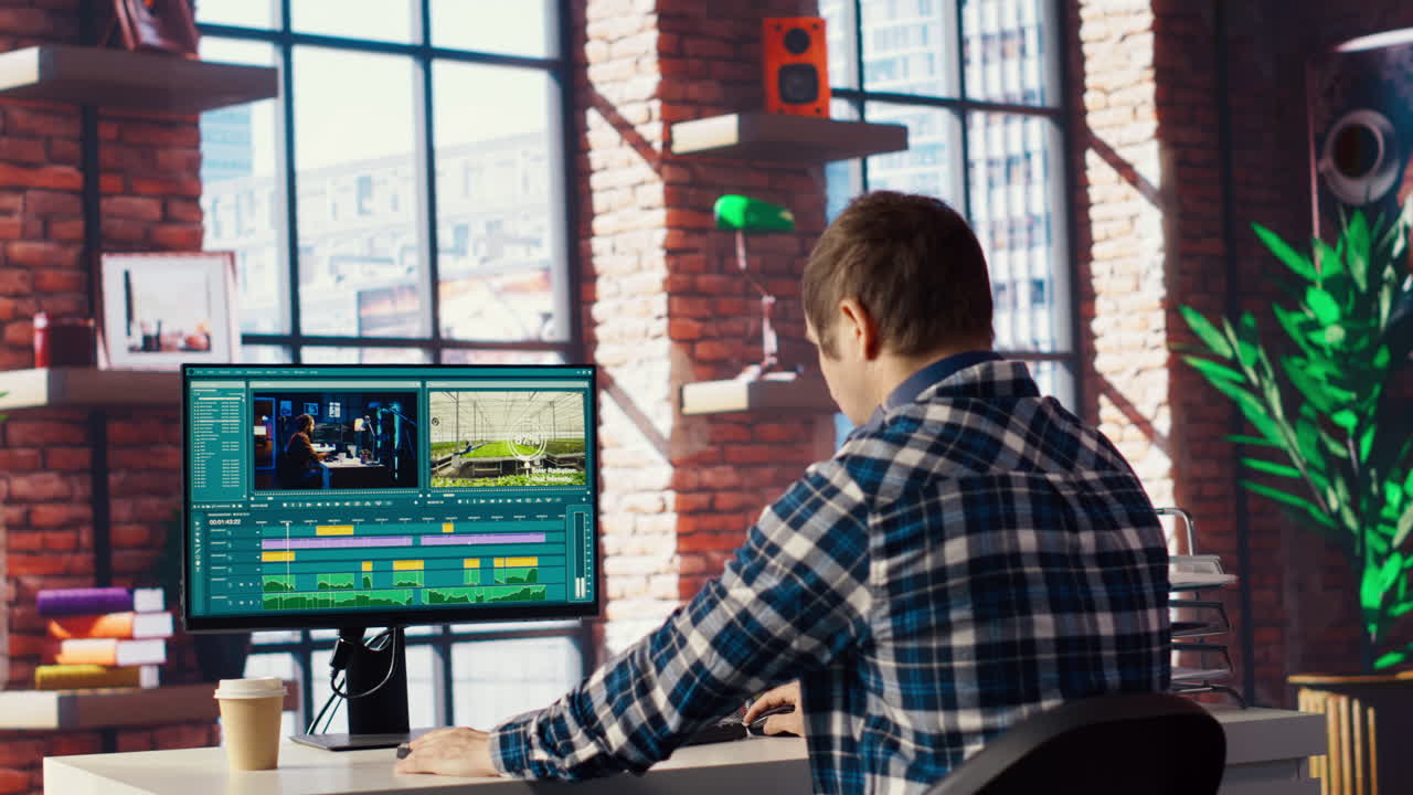 컴퓨터에서 영화 몬태지를 분석하는 비디오 편집자