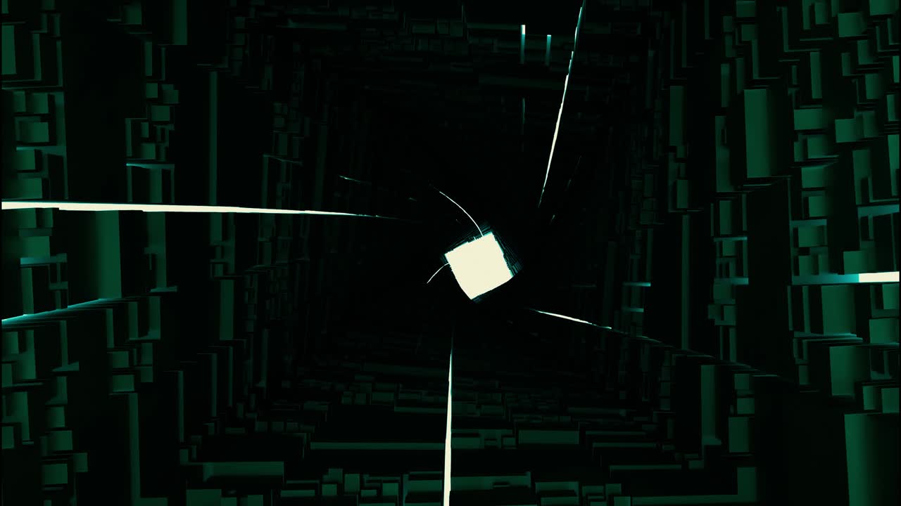 사각형과 직사각형 모양의 인물의 에메랄드 네온 실루과 함께 복도의 검은 벽을 따라 날아갑니다.