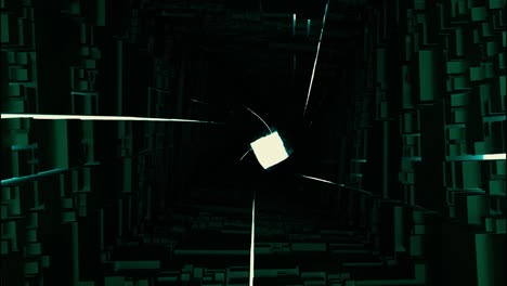 사각형과 직사각형 모양의 인물의 에메랄드 네온 실루과 함께 복도의 검은 벽을 따라 날아갑니다.