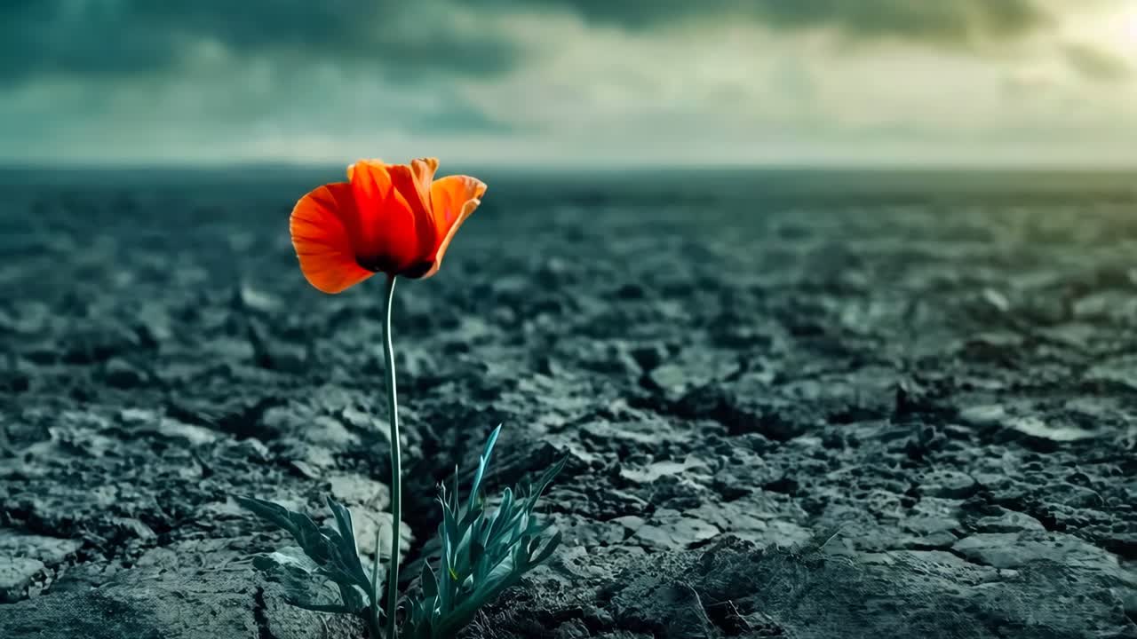 En enkelt orange blomst midt på en gold mark
