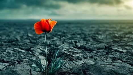 una sola flor de naranja en el medio de un campo estéril