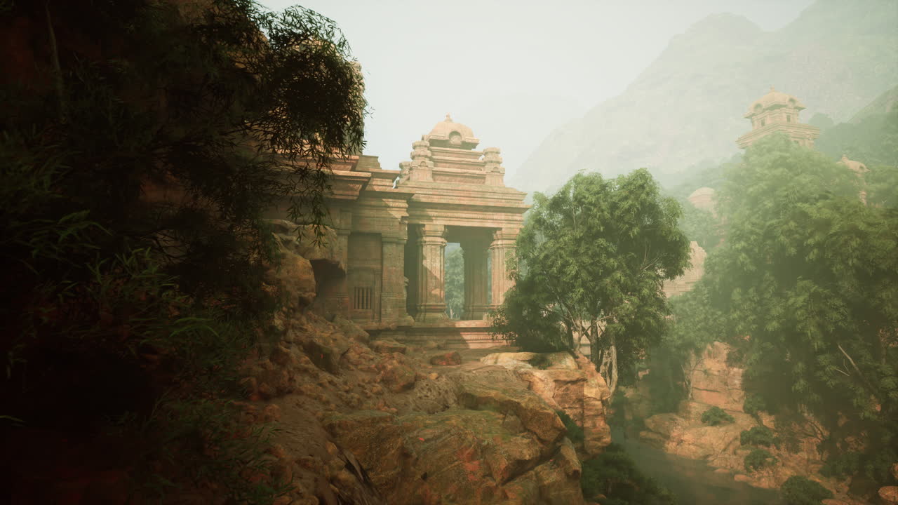 misteriosas ruinas antiguas en una selva de niebla