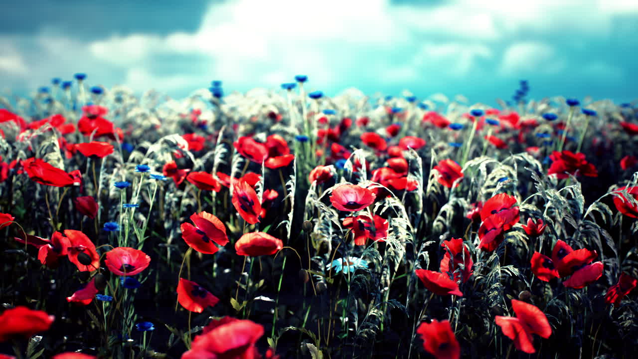 Vibrant field of red and blue flowers swaying gently under a cloudy sky