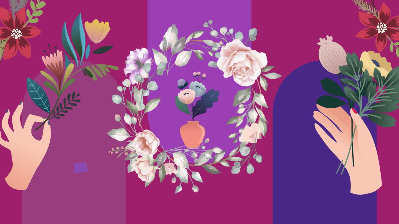 animación de manos con flores sobre formas