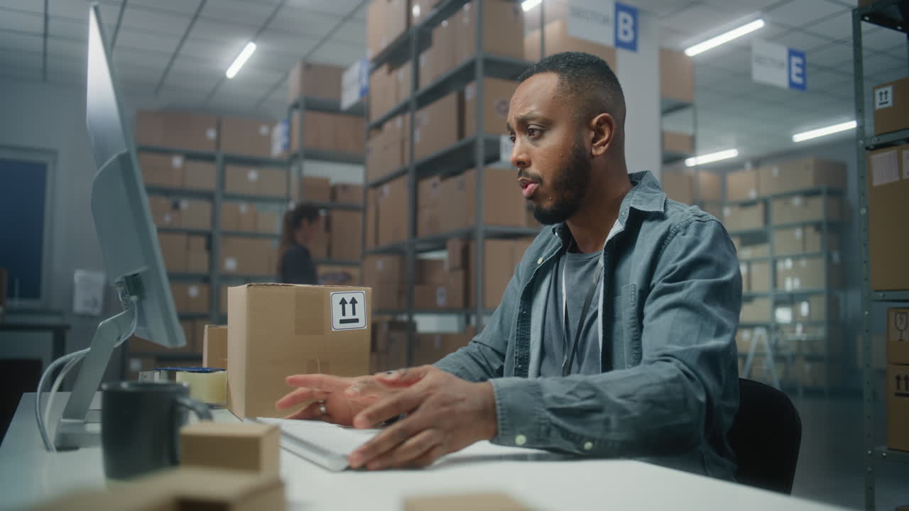 trabajador de almacén comprobando los detalles del pedido en la computadora