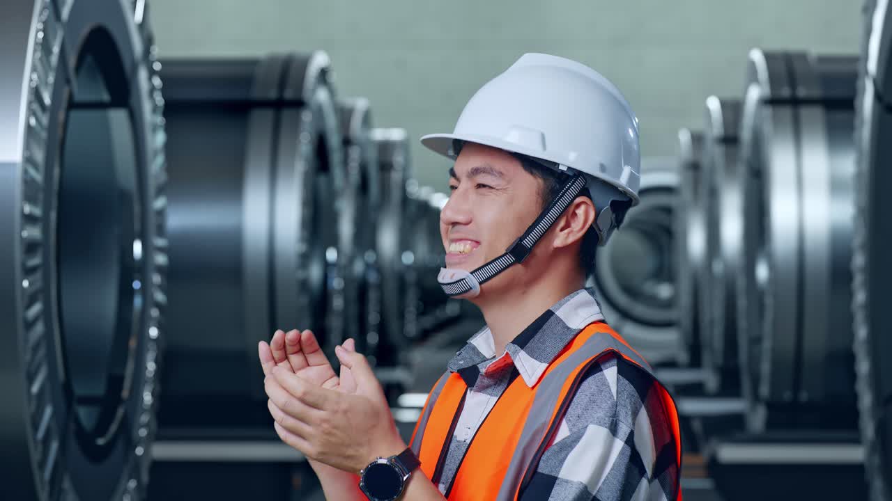 안전 헬을 입은 아시아 남성 엔지니어가 금속 공장에서 서서 웃고 손을 박고 있는 면