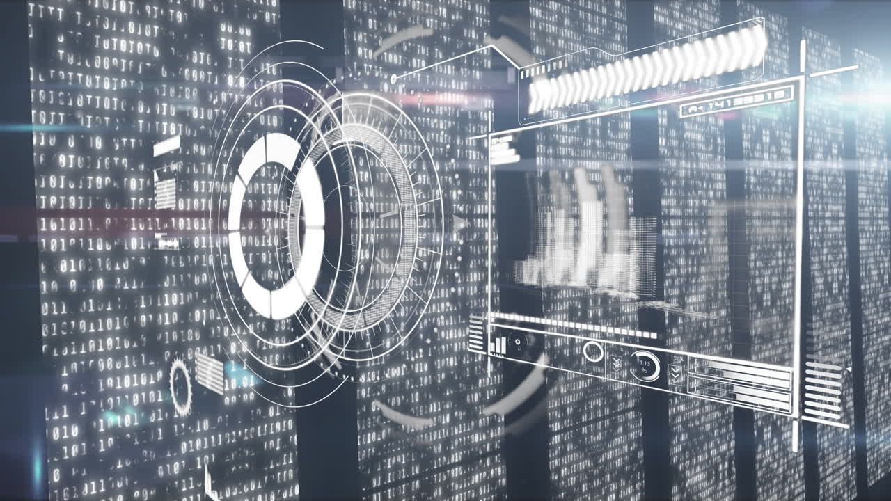 Animation of interface with data processing over screens with binary coding against blue background
