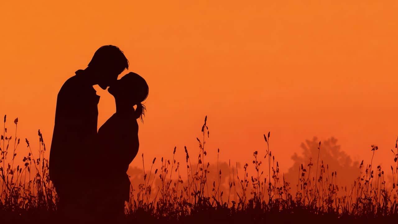 A Romantic Sunset Silhouette: Capturing the Intimacy and Connection Between Two Lovers Embracing Each Other in a Beautiful Orange-Hued Sky
