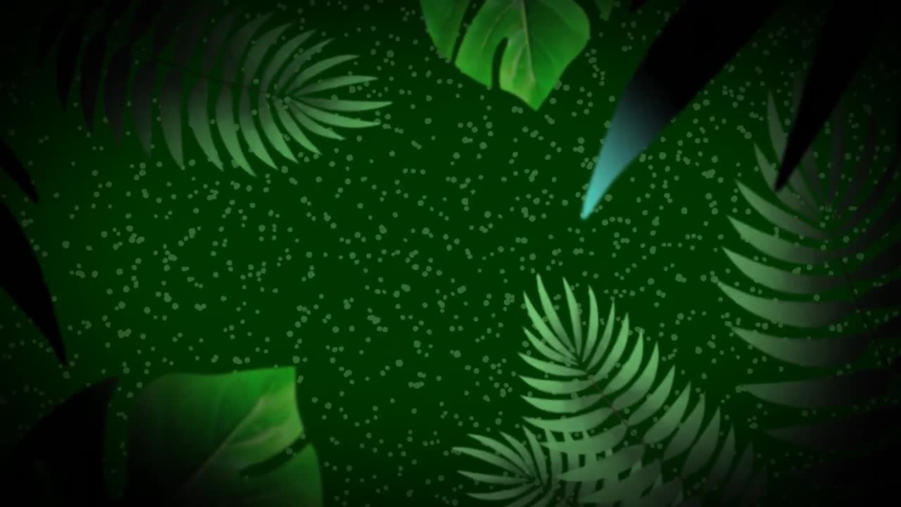 animación de hojas verdes tropicales partículas verdes y gotas de agua en fondo verde