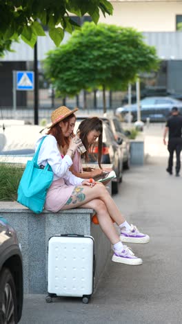 two women sitting on street, enjoying a drink and looking at a map.