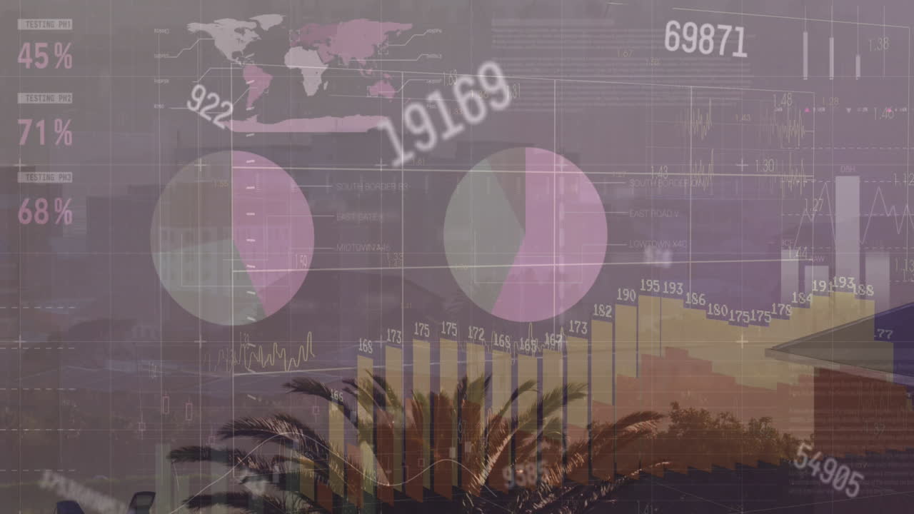 도시 풍경의 공중 전망에 대한 변화하는 숫자의 애니메이션과 통계 데이터 처리