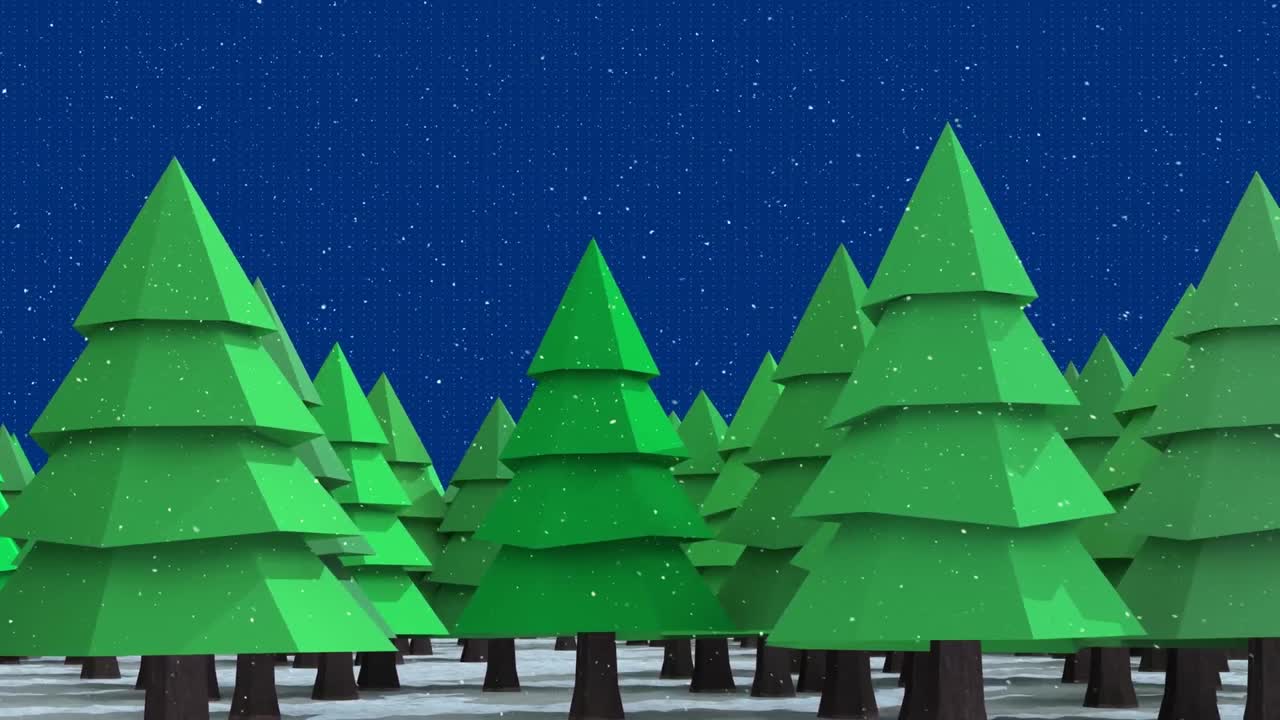 Animation of winter scenery with fir trees on blue background