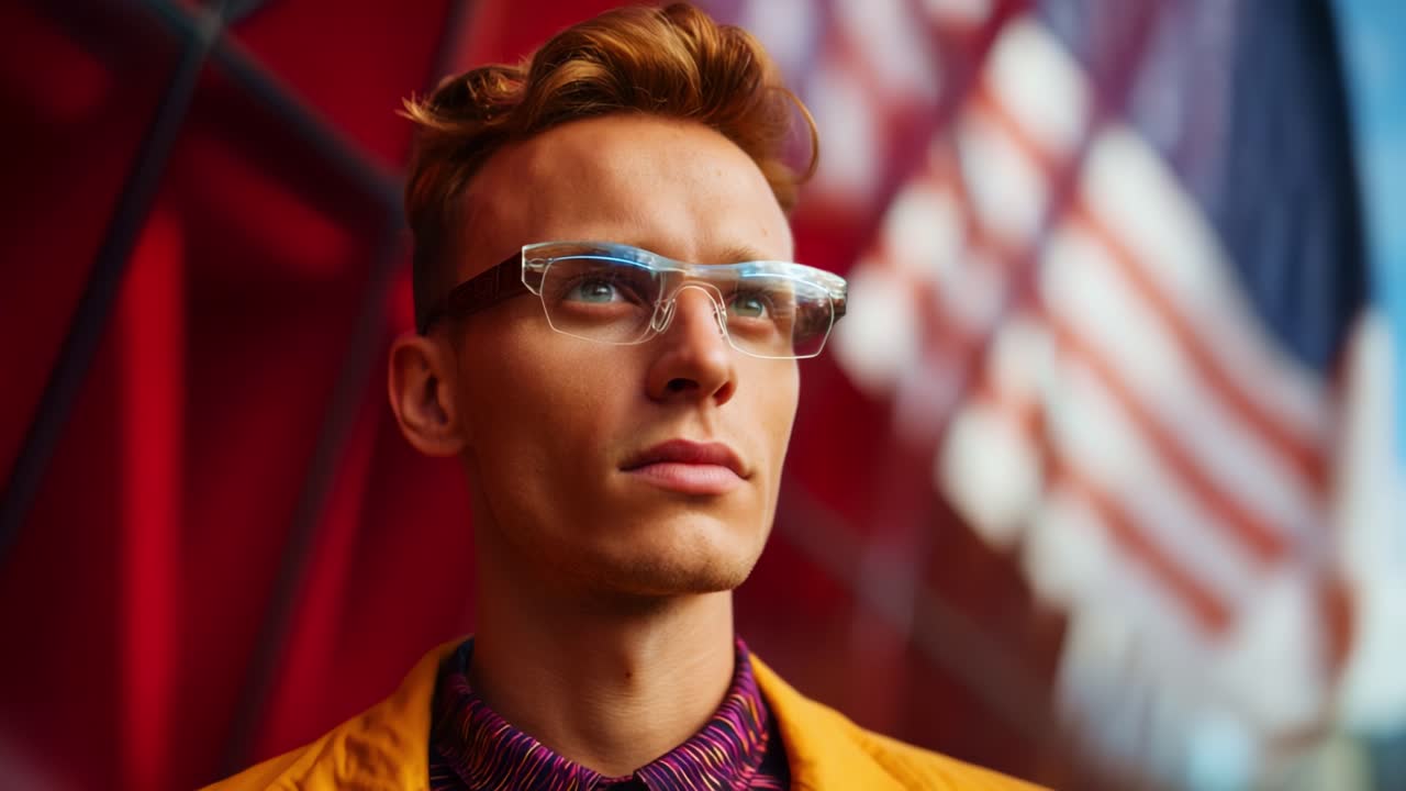 Giovane uomo pensieroso con occhiali alla moda, in piedi su uno sfondo colorato e vivace con livelli di motivi astratti e riflessi di luce