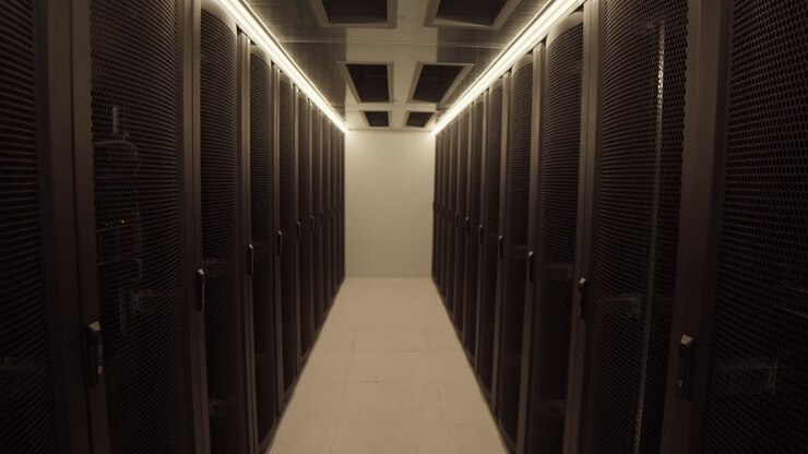 Data Center with Rows of Rack Server Cabinets