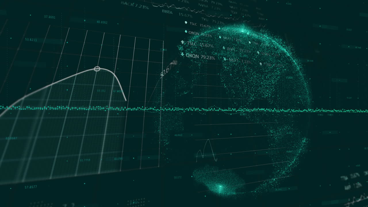 Animation of globe and graphs moving over stock market data on abstract background