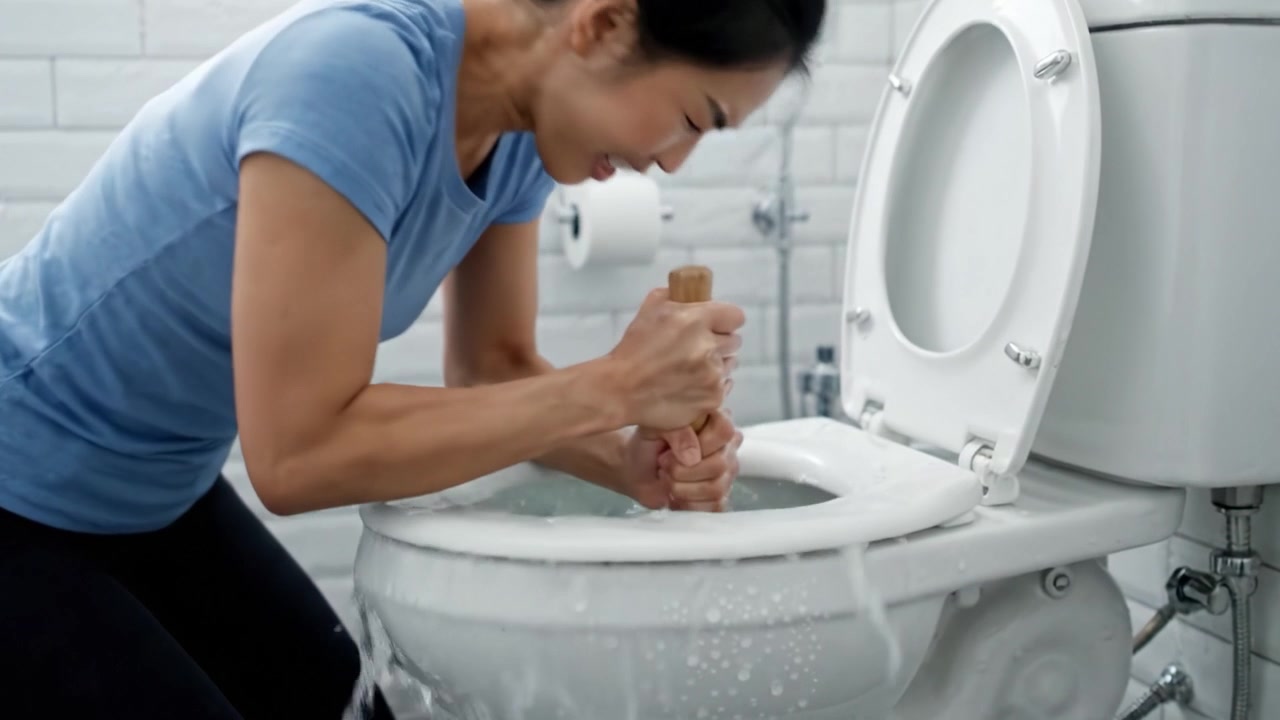 A Determined Individual Using a Plunger to Unclog the Toilet, Displaying the Challenges and Efforts Involved in Household Maintenance and Repair Tasks