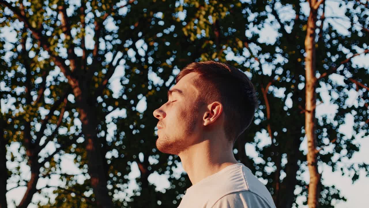 Side profile of a man basking in sunlight amidst trees, captured with a low-angle shot