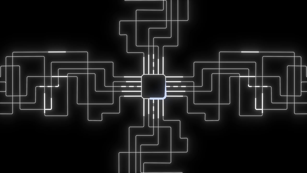 Glowing Digital Circuit Board Lines Connecting to Central Processor