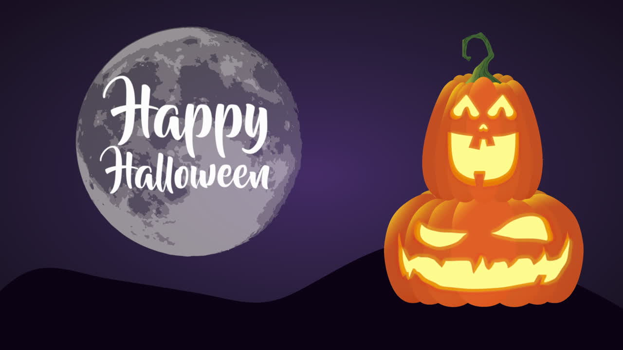 feliz halloween con una gran calabaza y una luna aterradora, animación