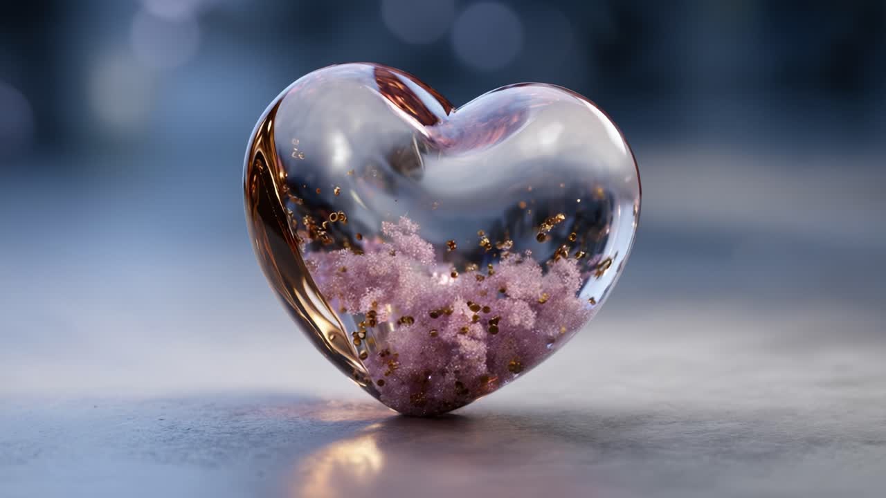 A Beautiful Glass Heart Sculpture Filled with Delicate Pink Flowers and Golden Sprinkles, Symbolizing Love and Elegance in a Captivating Presentation
