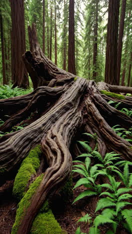 ancient redwood roots in a lush forest