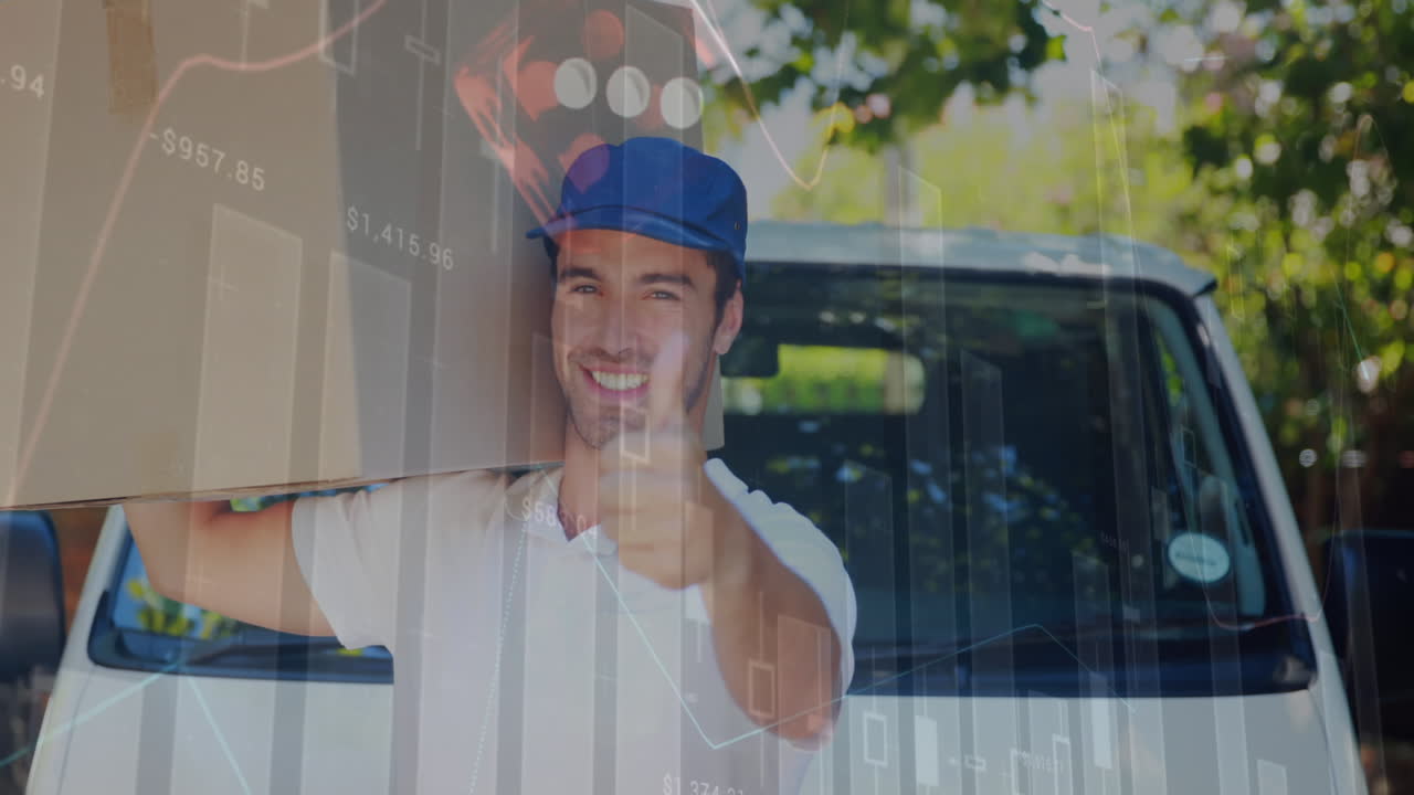 animación de datos financieros sobre el paquete de tenencia de mensajeros masculinos caucásicos felices