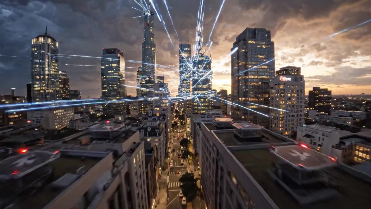 Horizonte Urbano Dramático ao Anoitecer: Uma Vista Deslumbrante da Arquitetura Urbana Moderna Contra um Céu de Pôr do Sol Colorido com Edifícios Iluminados e Arranha-céus Imponentes
