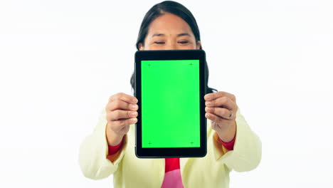 cara, mujer y tableta publicitaria con verde
