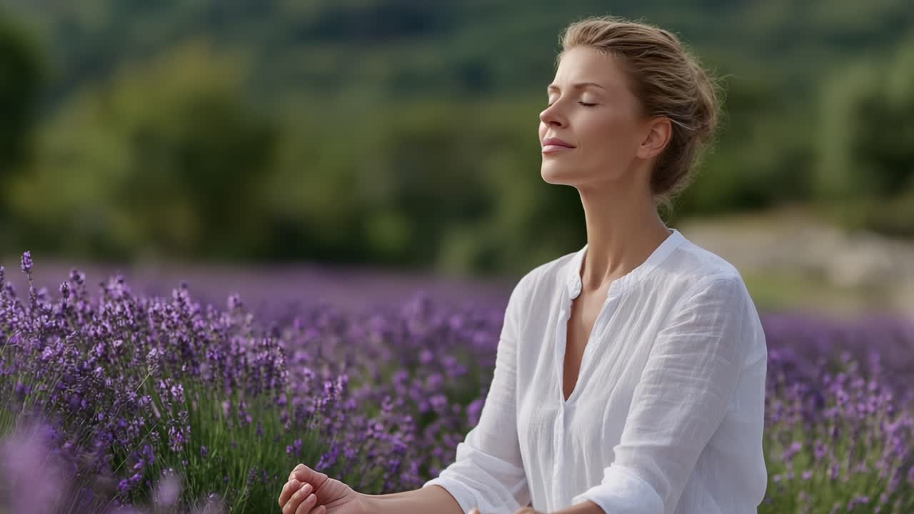 A Serene Moment of Mindfulness: Embracing Peace Amidst a Lavender Field with a Young Woman Meditating in Nature’s Tranquility