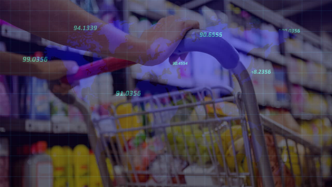 통계 및 금융 데이터 처리의 애니메이션 쇼핑 트롤리를 밀는 여성