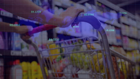 animación de estadísticas y procesamiento de datos financieros sobre mujer empujando carrito de compras