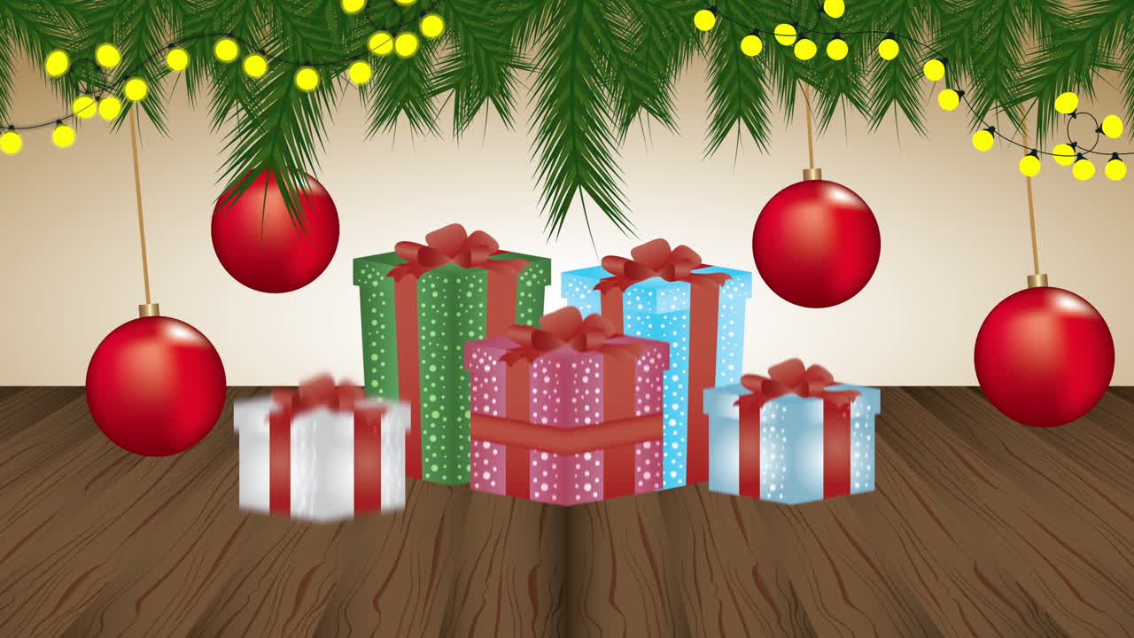 animación de feliz navidad con regalos y bolas