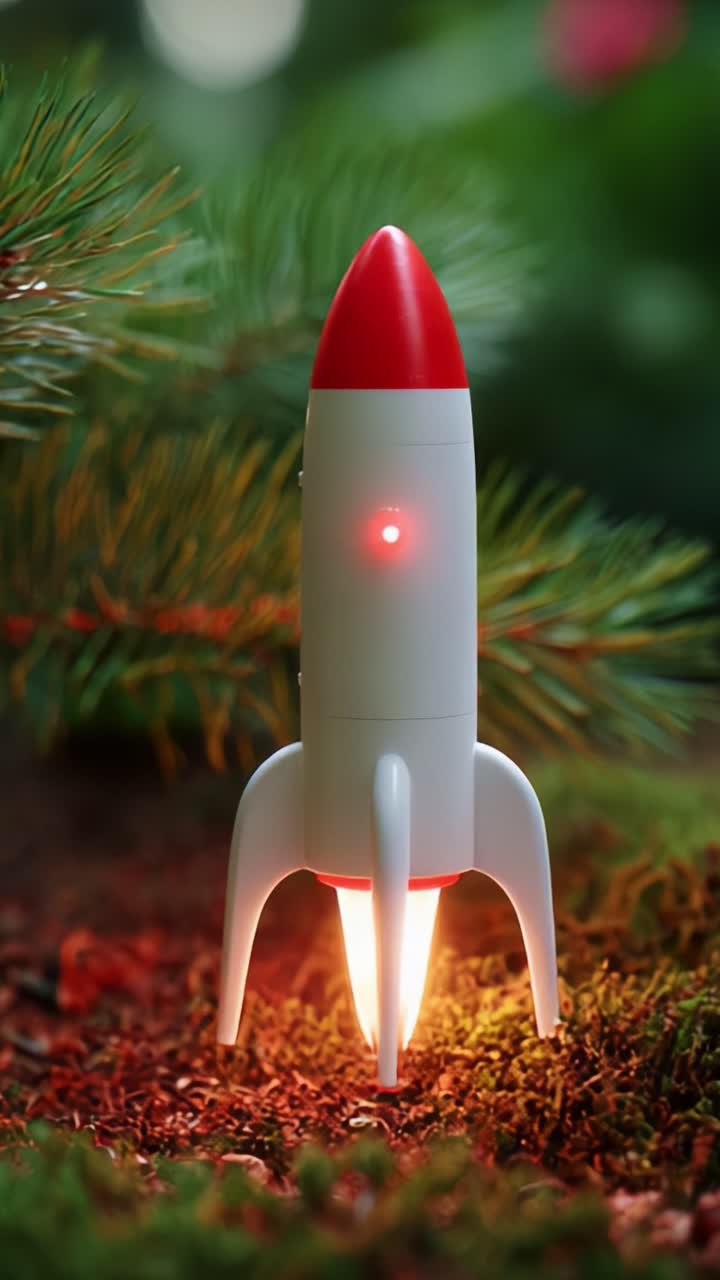 Vibrant Rocket Toy Igniting Imagination in a Natural Setting, Surrounded by Lush Greenery and Soft Moss; A Captivating Display of Playful Innovation, Perfect for Outdoor Exploration and Adventure