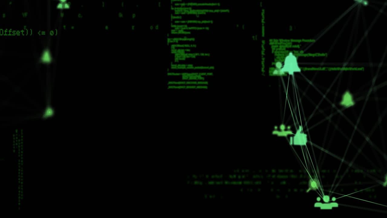 검은색 배경에 있는 데이터 처리 및 미디어 아이콘의 애니메이션