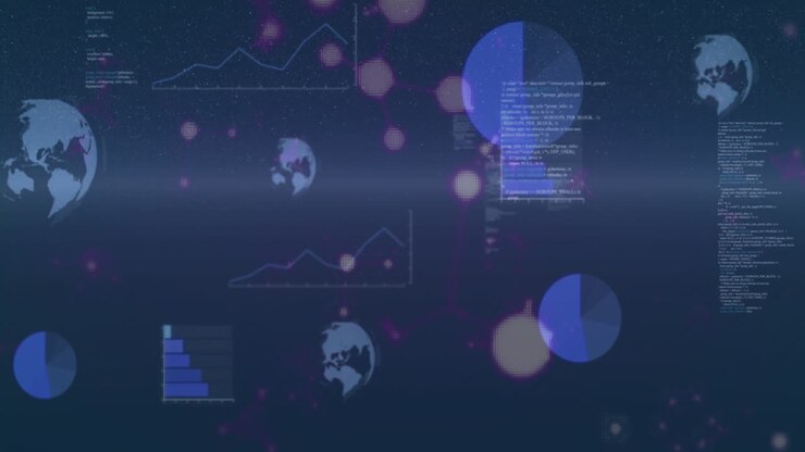 Animation of networks, globes and processing data on dark background