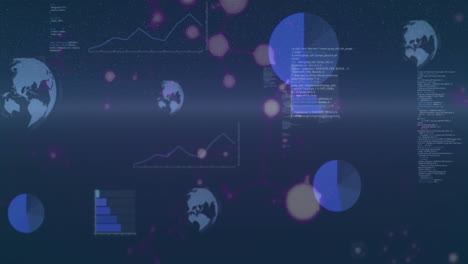 animation of networks, globes and processing data on dark background